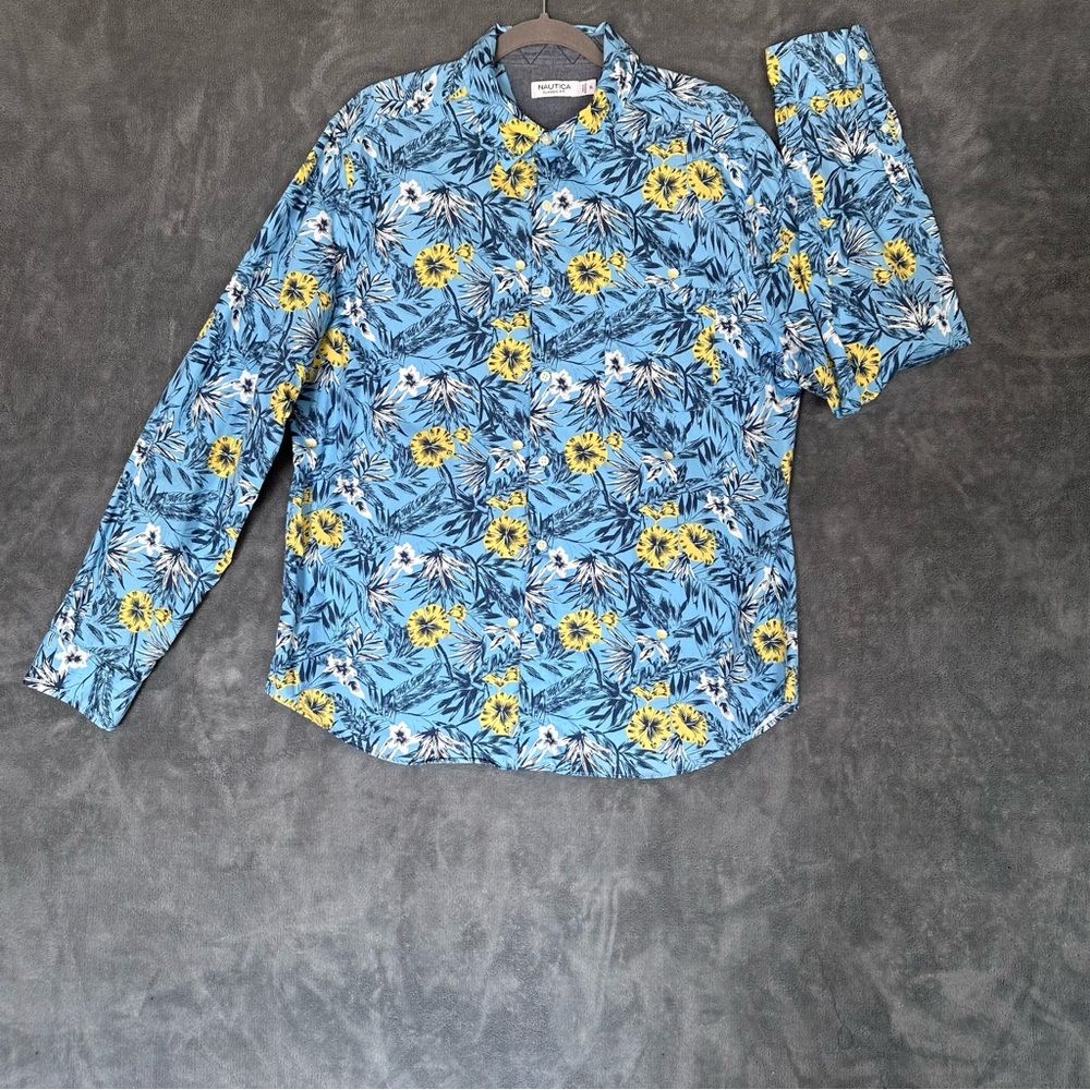 Nautica Blue Hawaiian Hibiscus Floral Men's Poplin Button 100% Cotton Shirt - XL